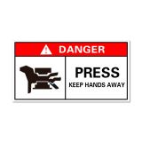 ป้ายเตือนป้องกันอุบัติเหตุหรือป้ายเตือนอันตรายจากการกด โปรดระวังมือ  หรือโปรดรักษามือให้พ้นห่าง,พร้อมกาวในตัว(สติ๊กเกอร์),ขนาด 100x50 ม.ม.---Waterproof Danger Sign-Press, Keep Hands Away, Safety Stick