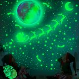 Glow in Dark 11.8" Moon Reindeer Santa Claus and Stars Wall Decals, for Merry Christmas Theme Party Home Decorations