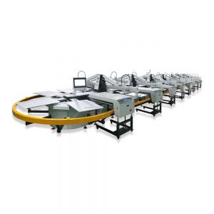 เครื่องพิมพ์สกรีนผ้าวงรีอัตโนมัติพร้อมเครื่องทำให้แห้ง  18 Color 60 Station Oval Evolution Automatic Screen Printing Press with Dryer
