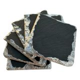 4" Slate Stone Coasters, Modern Silver Edge Drink Coasters Black Cup Coasters, Set of 6